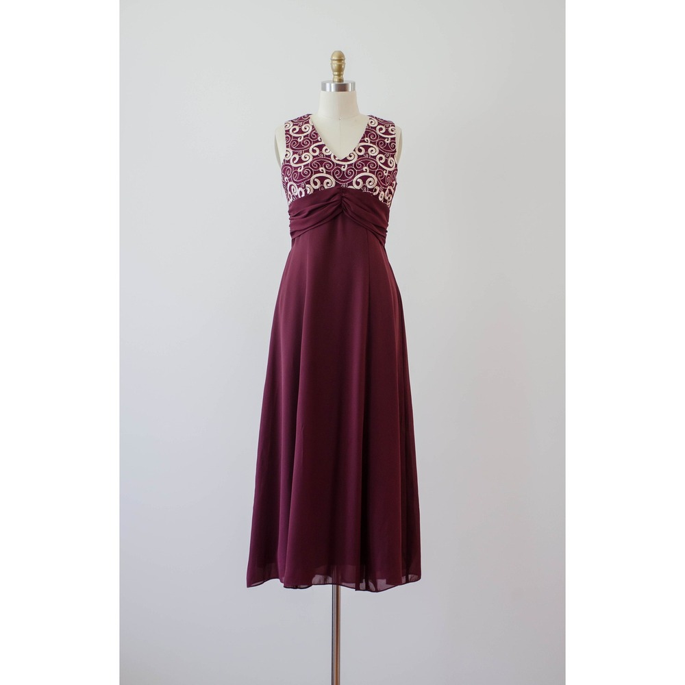 90s y2k vintage dark red‎ burgundy gold embroidered bridesmaid dress gown - Picture 4 of 9